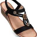 SHIBEVER Womens Wedge Sandals Flower Low Heel Dressy Sandals Elastic Ankle Strap Rhinestone Summer Comfortable Shoe (9, 2657-black)