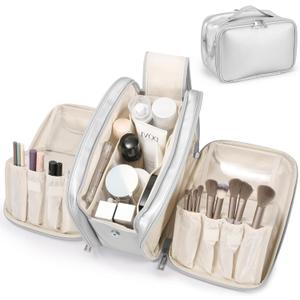 HauteHues Travel Makeup Bag Women's Large Capacity Cosmetic Portable Organizer Large Opening Waterproof Storage Toiletry Bags Vertical Free-Standing Brush Holder for Easy Access Silver