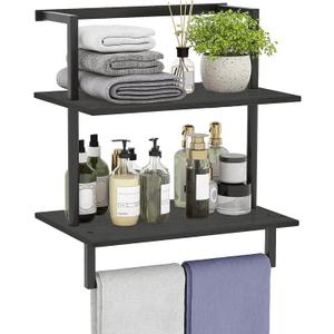 Wall Mounted Towel Rack for Bathroom, Bath Storage Holder 3-Tier Steel Wood Towel Shelf with Bar, Black