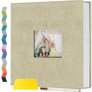 Popotop Photo Album Self Adhesive with Picture Display Window,40 Pages DIY Scrapbooking Supplies Kit for 4x6 8x10 Picture,Linen Cover Memory Book for Baby Wedding, with Scraper and Metallic Pen