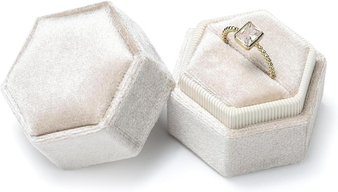 Etercycle Velvet Ring Box - Vintage Hexagon Premium Jewelry Display Holder Gift Box with Detachable Lid for Wedding Ceremony Proposal Engagement (Beige, 1 Slot)