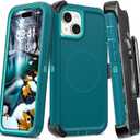 Magnetic Case for iPhone 13/14/15 with Belt Clip Holster, Heavy Duty Protection, Dark Green
