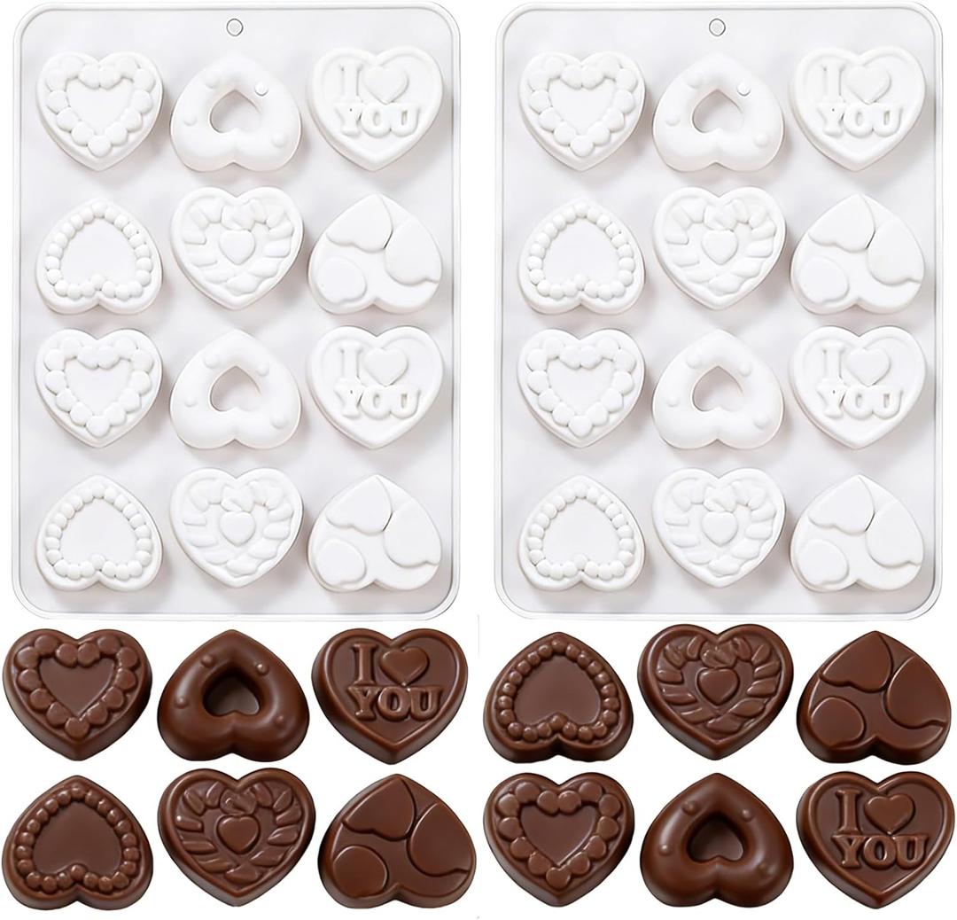 2 x Valentine's Day Love Heart Chocolate Silicone Mold - 12-Cavity Heart/LOVE Pattern Baking Mold for Chocolate/Candy/Food-Grade, 8.7x6.5x0.7in