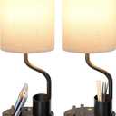Bedside Table Lamps for Bedroom Set of 2 - Nightstand Light with AC Outlet and USB A & C for Charging, 3 Color Temperatures Desk Lamp with Pen Holder & Phone Stand for Living Room/Dorm/Office (Beige)