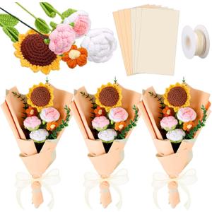 27 Pcs Crochet Flower Bouquet Gifts for Mother's Day, Handmade Knitted Crochet Flower Bouquet with Roses Sunflowers Daisies for Mom Mother(Charming,Orange Series)