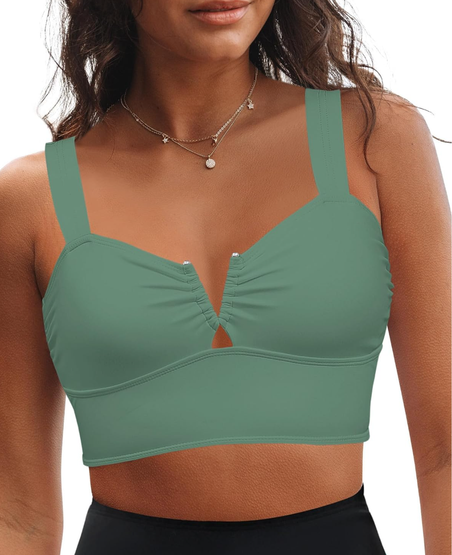 GRAPENT Bikini Tops for Women Cropped Tankini Tops Beach V Bar Padded Ruched Adjustable Strap Swimsuit Swim Top Only 2XL