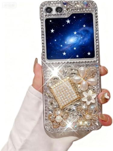 Compatible with Samsung Galaxy Z Flip 5 5G Case,Glitter Diamond Luxury Crystal Rhinestone Gemstone 3D Perfume Bottle and Flower Protective Phone Case Cover for Women Girls with Galaxy Z Flip 5 5G