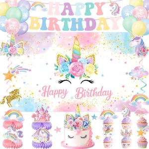 Unicorn Birthday Decorations  Includes Banner, Backdrop, Balloons, Hanging Swirls, Cake & Cupcake Toppers, Honeycomb Centerpieces for Girls & 1st Birthday Unicorn Theme (Pink, Purple, Blue)