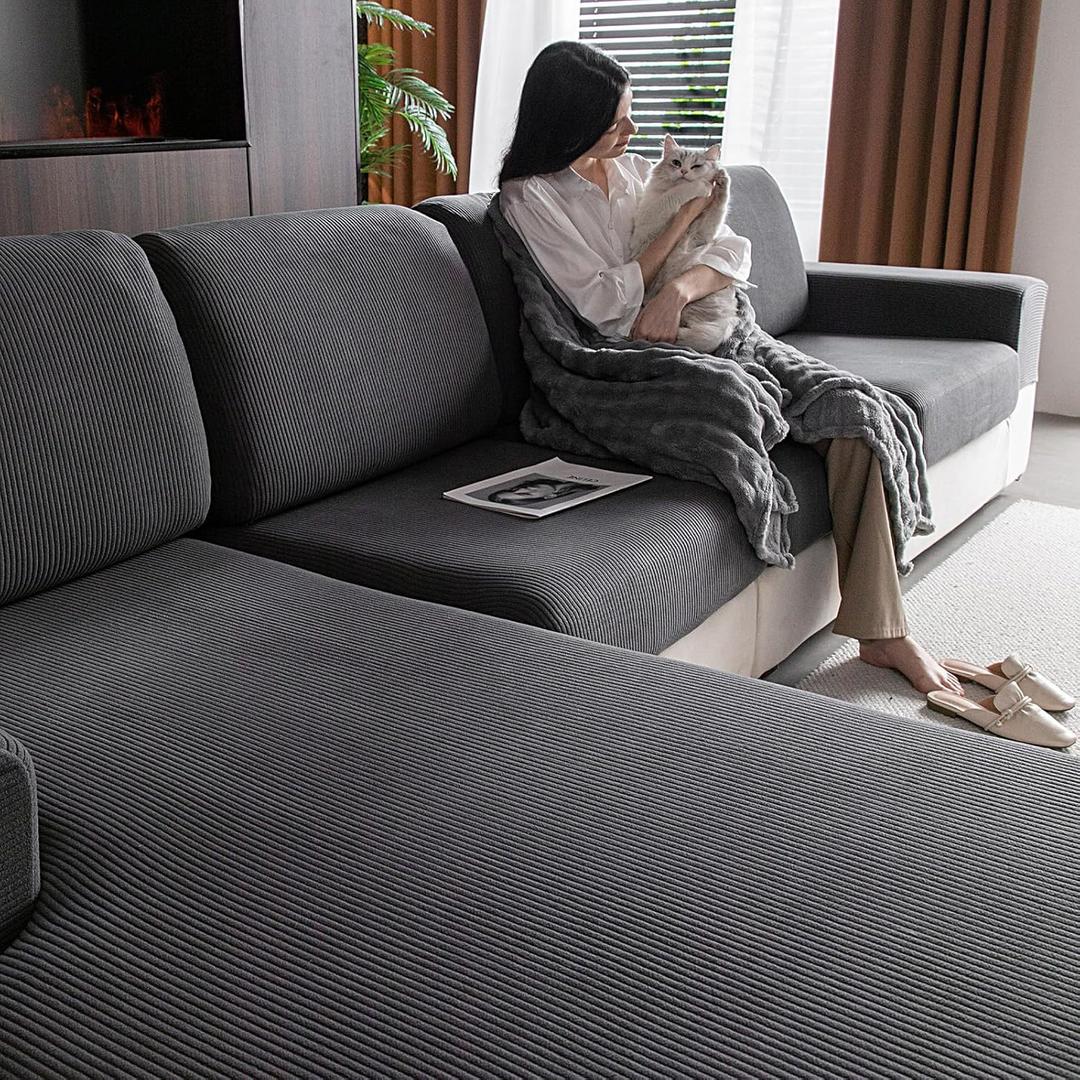 OHSIO Sectional Couch Covers, Wear Resistant Stretch Sofa Covers Washable Soft Couch Cushion Covers Anti Slip Furniture Protector Sofa Slipcovers for Pets(1 Piece Chaise Cover, Dark Gray)
