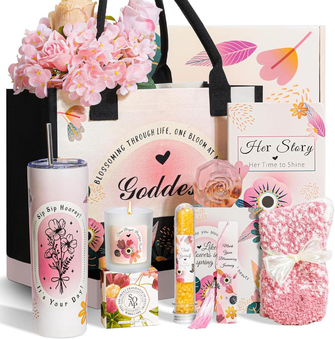 Birthday Gifts for Women,Self Care Gift,Blooming Goddess Style Inspirational Gift Baskets for Women,Tote Bag Tumbler Relaxing Gift for Her Wife Sister Bestie Mom