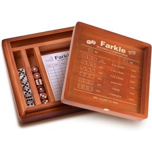 Demine Farkle Classic Dice Game Set  Wooden Dice Tray with Storage Case, 2 Sets of Dice, Score Pad, Pen Holder & Built-in Scoring Guide  Family Game Night or Gift