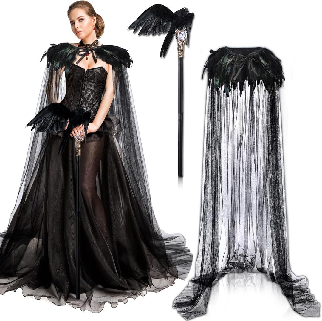 Toulite 3 Pcs Women Halloween Evil Black Style Queen Costume Witch Crow Gothic Feather Cape Cosplay Party Props