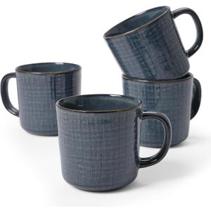 famiware Moonlight Coffee Mug Set of 4, 13oz Mug Set with Linen Finish, Coffee Cup Set with Handle for Latte, Cappuccino, Tea, Hot Cocoa, Microwave and Dishwasher Safe, Dark Blue