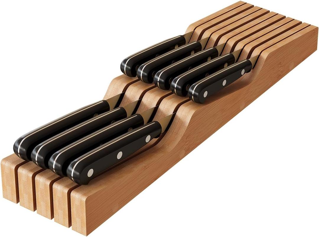 In-Drawer Knife Block Organizer - Bamboo Wood Drawer Knife Holder-Protecting Knife Organizer Block Holds Up To 9 KnivesNot Included