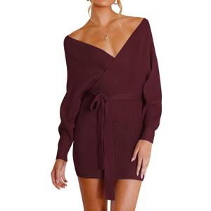 ZESICA Women's Fall Long Batwing Sleeve Wrap V Neck Knitted Backless Bodycon Pullover Sweater Dress with Belt,Wine,Medium