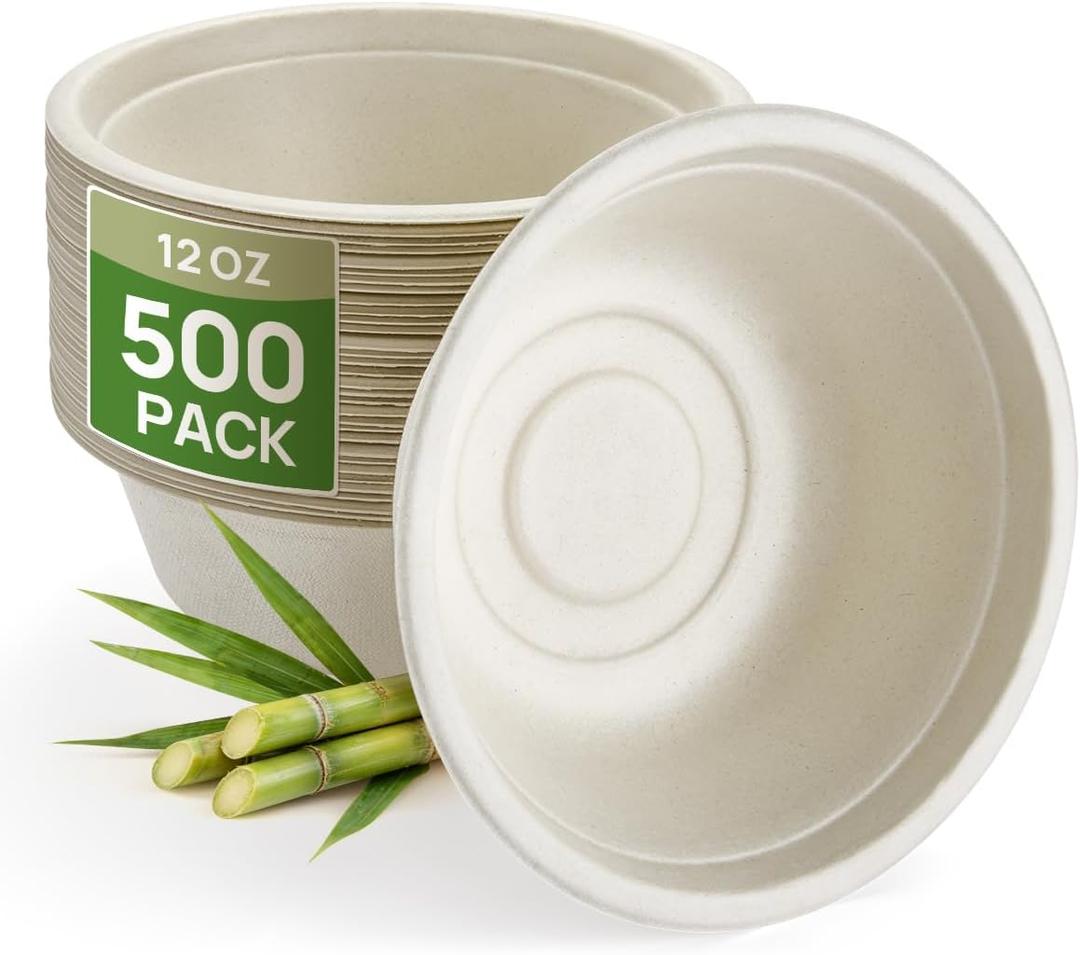 Goodluck 500 Pack Natural Brown 12 oz Compostable Deep Bowls, Heavy Duty Bagasse Disposable Paper Bowls, Microwave Safe Sugarcane Fiber Bowls for Soup, Salad, Cereal & Meal Prep