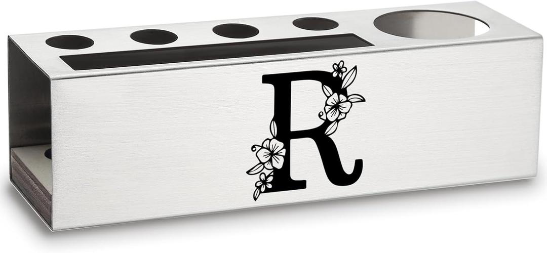 Letter R Monogram Personalized Pencil Holder Gifts for Work Bestie Coworker Workmate Friends Colleague Office Desk Decor Organizer Accessories Stainless Steel Pen Holders Apen27