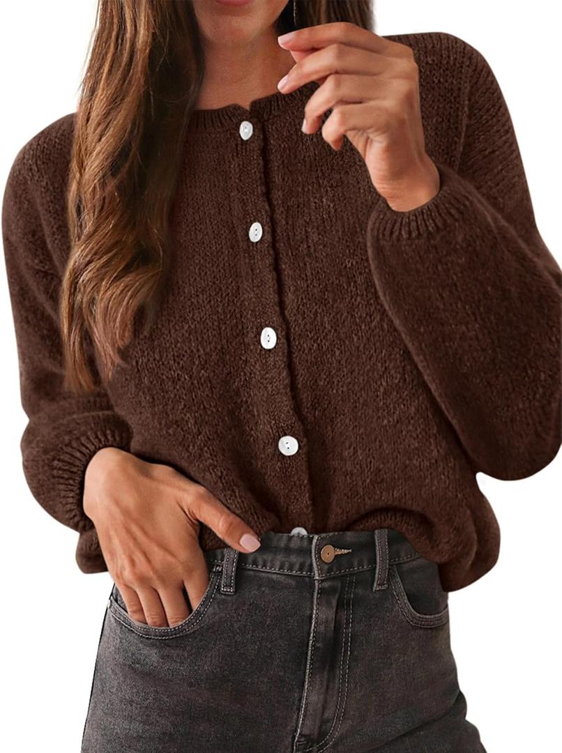 KIRUNDO Womens Cardigans Casual Loose Button Up Long Sleeve Crewneck Knit Cardigan Sweaters Open Front Outerwear Coats (XX-Large, Brown)