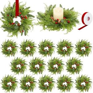 Aneco 16 Pieces Christmas Candle Rings Wreath with Ribbon 8.7 Inch Wreath Holder Pillar Candlestick Norfolk Pine Garland Artificial Red Berries Branch Pinecones Wreaths for Xmas Table Centerpiece
