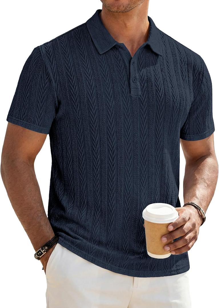 JMIERR Men's Textured Knit Polo Shirt Summer Short Sleeve Vacation Button Beach Knit Stretchy Golf Shirts, M