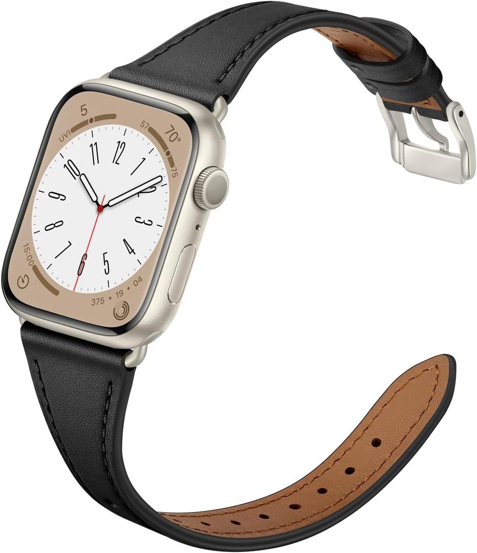 Slim Leather Bands Compatible with Apple Watch Band 46mm/49mm/45mm/44mm/42mm, Genuine Leather Strap for iWatch Series 11/10/9/8/7/6/5/4/3/2/1 SE 3/2/1 Ultra 3 2 1 Women, Black/Starlight