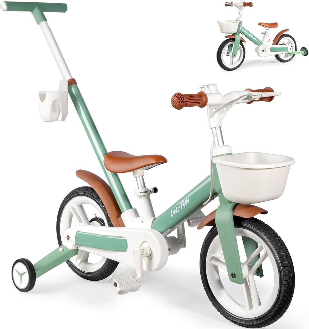 LOL-FUN Toddler Balance Bike 1 2 3 Year Old with Training Wheels, 6 in 1 Tricycle for Toddlers 1-3 Boy Girl Birthday Gift, 12" Baby Kids Bike with Push Handle, Pedals, Brake & Baskets