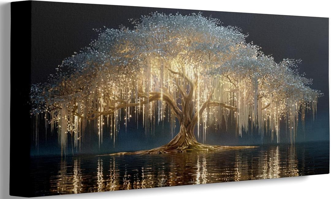 Large Tree of Life Canvas Wall Art Abstract Black and Gold Tree of Life Picture Wall Decor Nordic Gold White Flowers Poster Print Artwork For large living room Bedroom Office Hallway Home Decoration (40"L x 20"W)