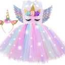 ZeroStage Sequin LED Light Unicorn Costume for Girl Birthday Decorations Halloween Christmas Party Outfit Princess Tutu Dress (3-4T, Pink With Wings)