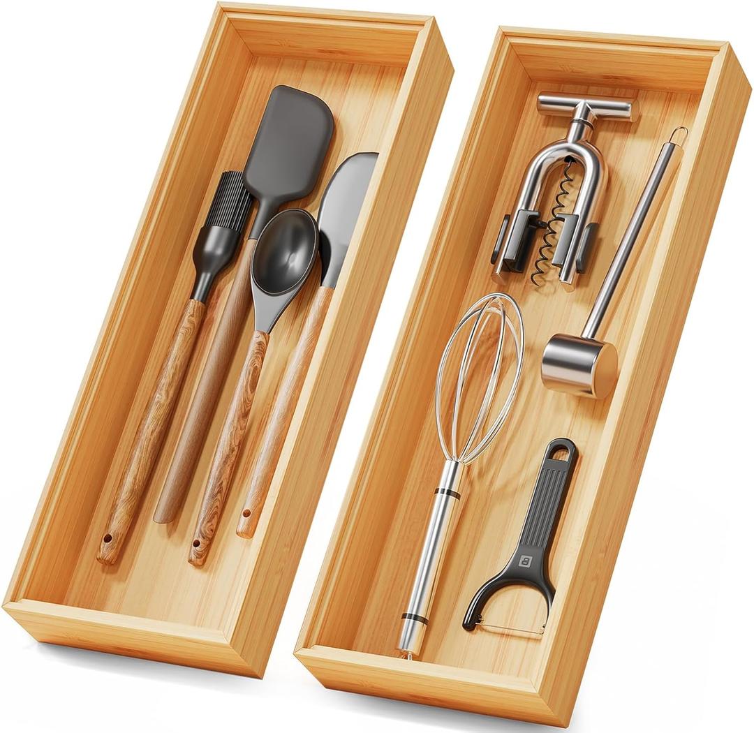 Bamboo Kitchen Drawer Organizer Boxes 14" x 5" Stackable Wood Silverware Utensil Tray for Drawers Bins Cutlery & Flatware Storage Wooden Pantry Organizers Set of 2 for Junk Drawer Bathroom Rv
