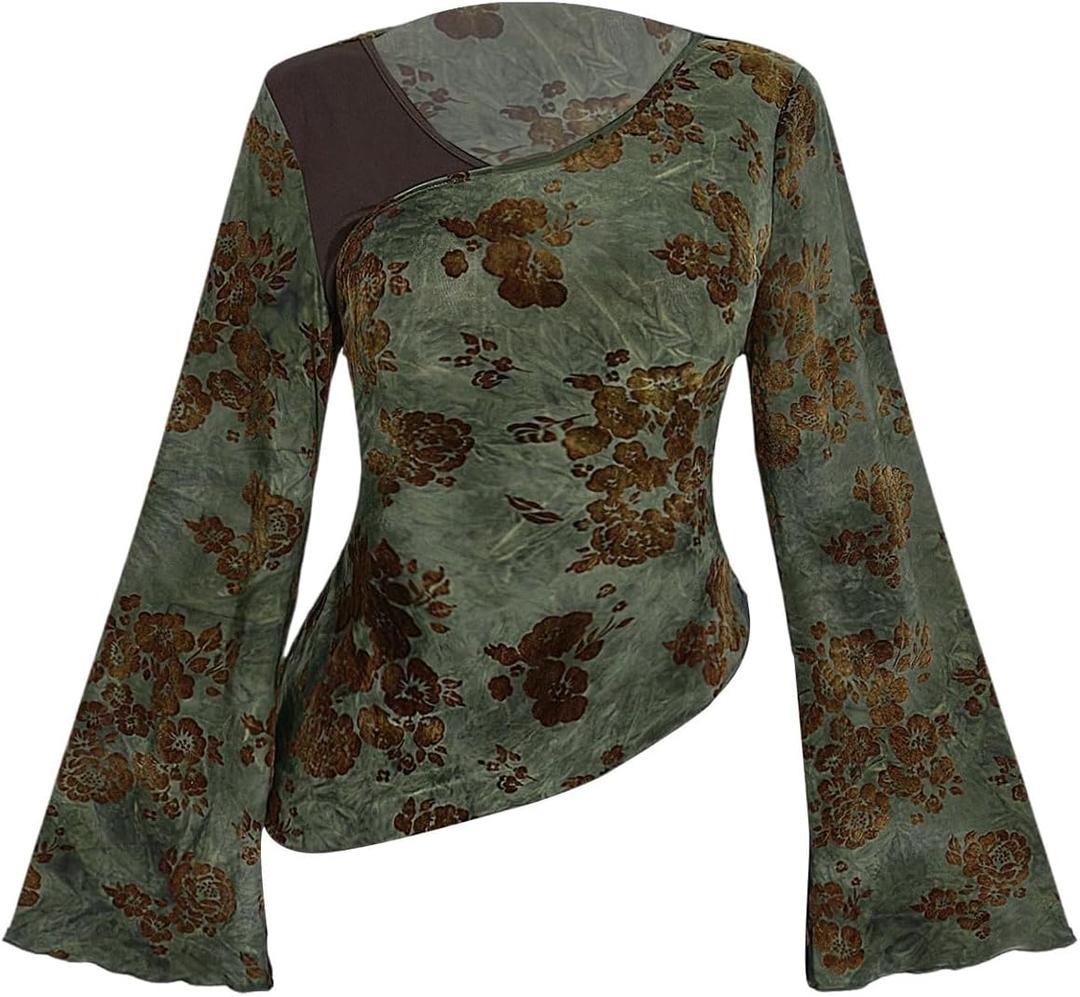 WDIRARA Women's Plus Size Floral Long Bell Sleeve Tee Shirts Asymmetrical Vintage Tops (XL)
