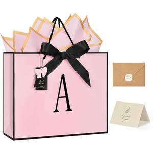 ZUKEPU Birthday Gift Bag, Personalized Initial Pink Gift Bags for Women & Girls, Medium Valentines Gift Paper Bags with Card and Tissue Paper, Stands up perfectly for Weddings, Party & All Holidays (Pink, A-Medium)