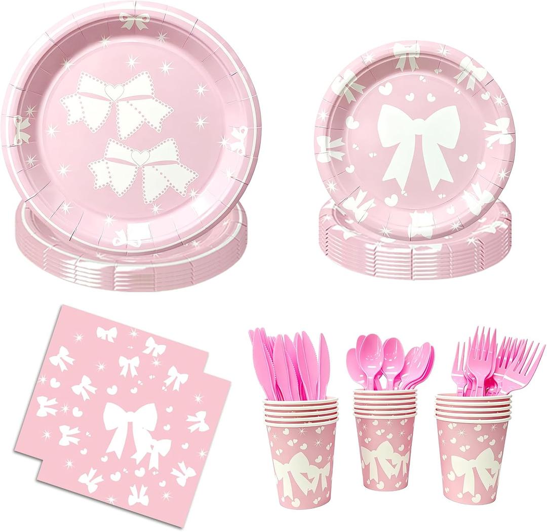 Pink Bow Plates and Napkins, Cups, Cutlery Set Serve 16, 112 Pcs