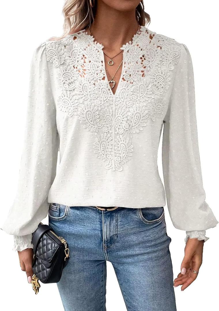 Falechay Womens Tops Swiss Dot Boho Long Sleeve Shirts V Neck Casual Chiffon Blouses Flowy Lace Hem Cute Clothing Trendy 2026 (White, XS)