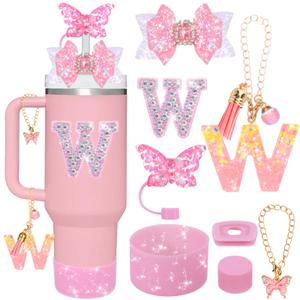 Mity rain 8Pcs Accessories for Stanley Cup with Handle 40OZ/30OZ, Including Diamond Straw Topper/Spill Proof Stopper/Silicone Boot/Bow Decortion/Letter Charms A-Z (W)