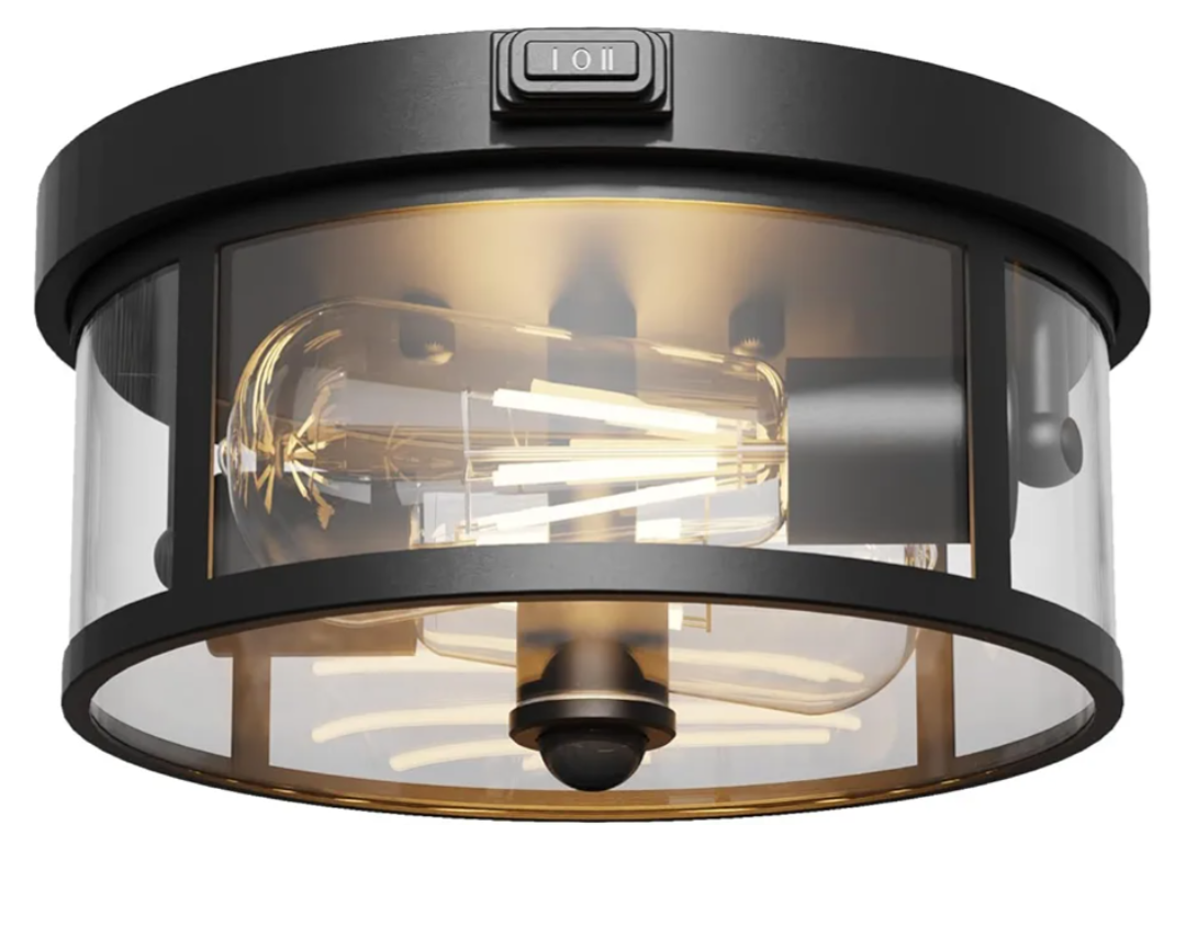 Outdoor Ceiling Light with Motion Sensor 9.3in  Porch Lights Outdoor, E26 Base, Flush Mount, 360° Detection, 3 Modes (Auto/Dusk to Dawn/Alwayson), Farmhouse Ceiling Light for Porch, Entryway