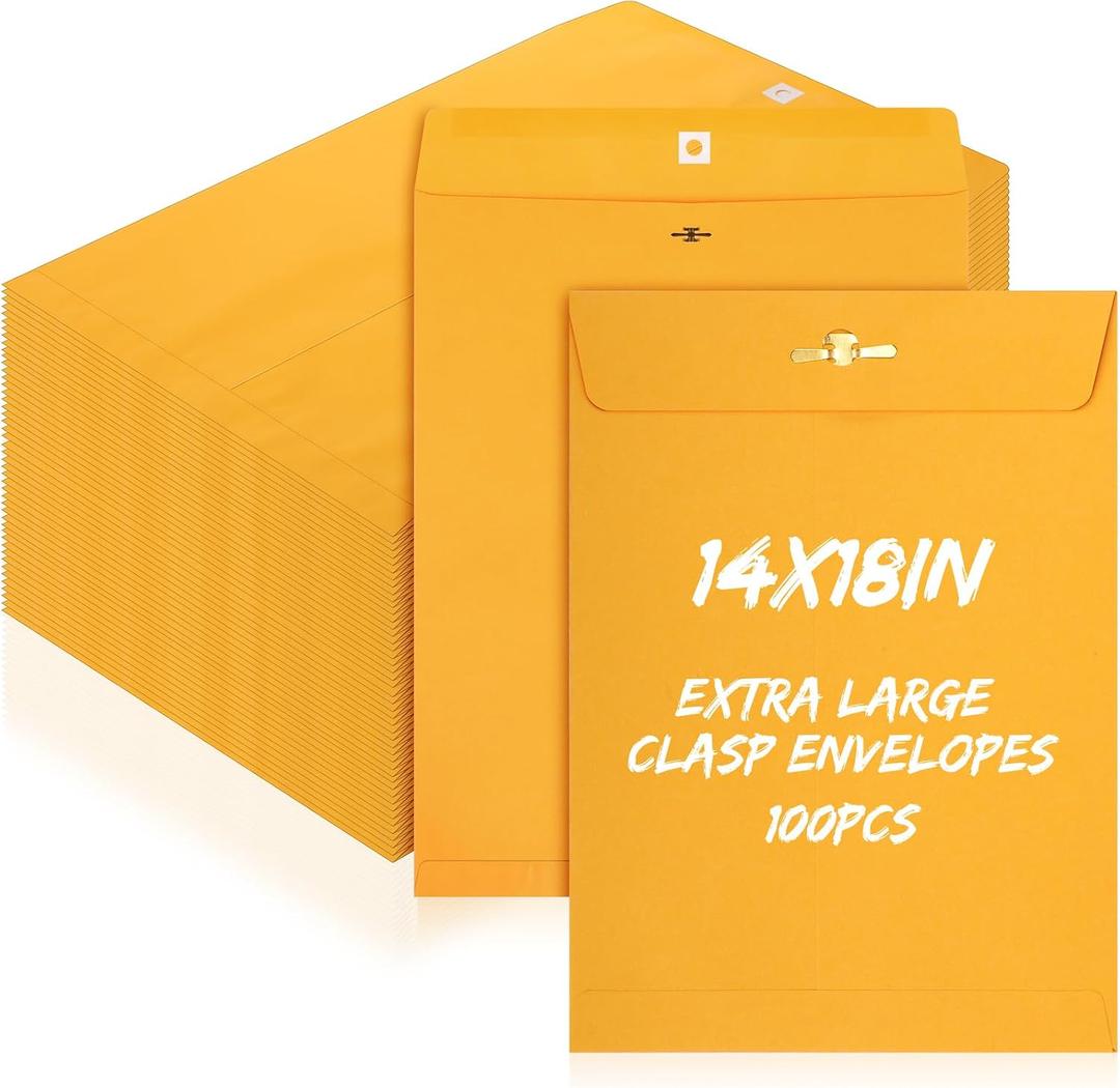 Fullhawl 100 Pcs 14 x 18 Inch Extra Large Mailing Clasp Envelopes Jumbo Kraft Catalog Manila Envelope with Clasp Closure for Oversized Big Documents Office Home Business Legal School Storing Mailing