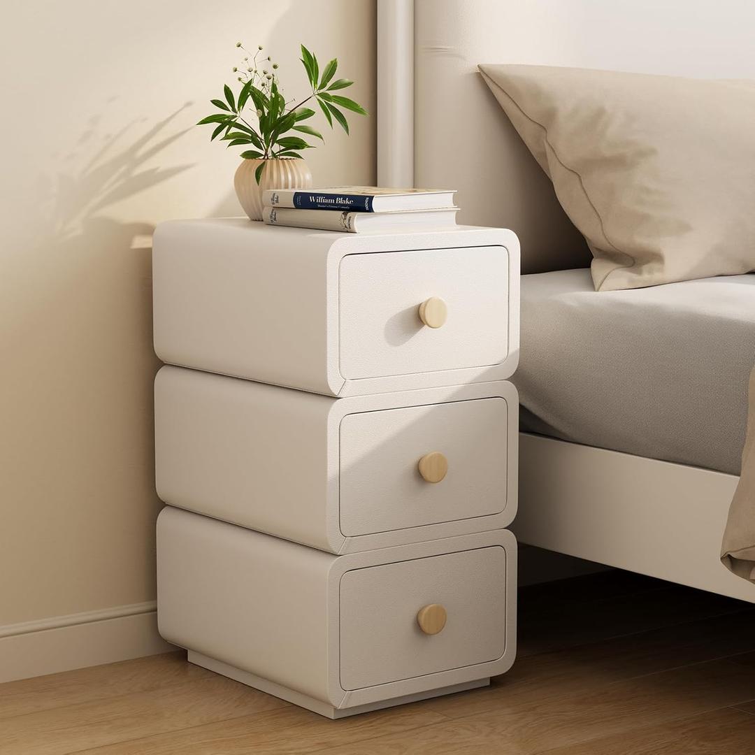 White Night Stand, Narrow Nightstand with Drawers, Modern Nightstand for Bedroom, Dorm and Living Room. 