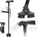 Walking Cane for Men & Women, 3-in-1 Folding Cane with Alarm and Light, Adjustable, Free Standing, Collapsible Walking Stick for Seniors Balance with a Second Handle, For Height (5'5" - 6'2" )