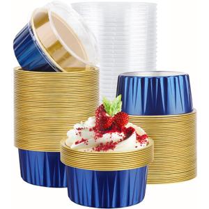 EUSOAR Aluminum Foil Baking Cups with Lids, Royal Blue 100pcs 5oz Creme Brulee Ramekins Disposable, Muffin Liners CupsMini Cheesecake Foil Pans Dessert Containers with Lids for Party Favor Birthday