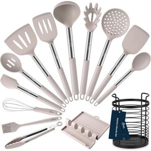 HOTEC Heat Resistant Silicone Kitchen Utensils, Cooking Utensil Set, Spatula Set, BPA Free, Kitchen Gadgets, With Stainless Steel Utensils Holder, Dishwasher Safe 14pcs Khaki