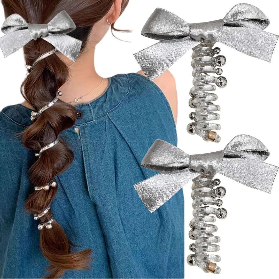 TECHPLUS 2 PCS Spiraled Telephone Wire Hair Bands Silver Ribbon Bowknot, Braided Headbands Ponytail Holders, Elastic Coils Hair Accessories for Women Girls