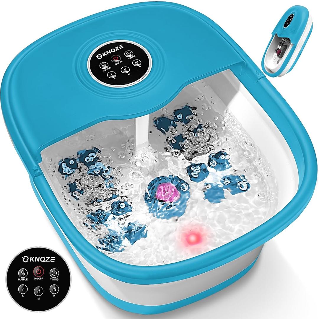 KNQZE Collapsible Foot Spa with Heat, Remote Control, Temperature Control, Bubbles, Pumice Stone, Red Light, Timer, 16 Massage Roller Pedicure Foot Bath Tub Foot Soaker for Relaxation & Stress Relief (Blue)