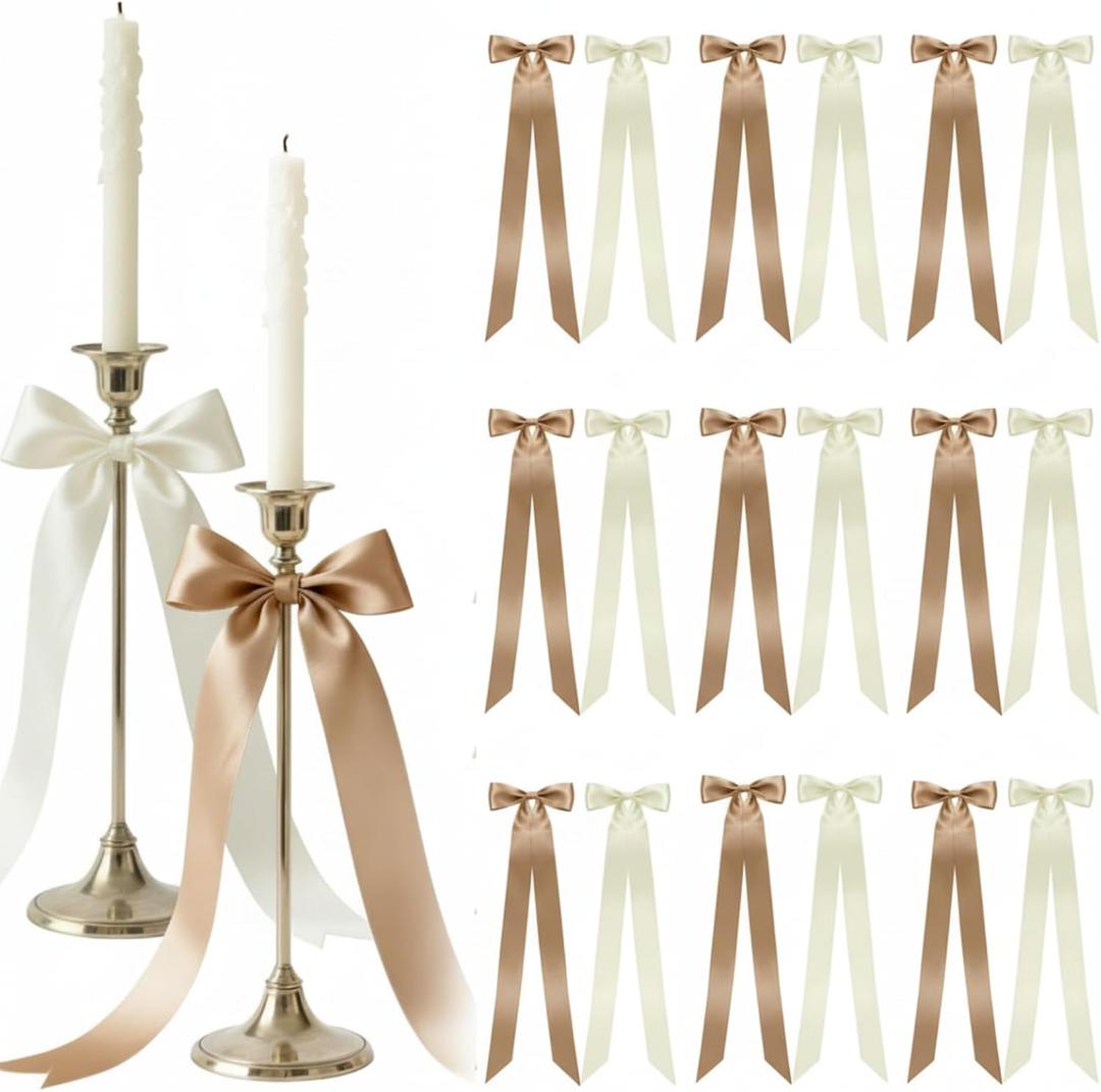 Lyrow 36 Pcs Champagne Ivory Long Satin Ribbon Bows for Wedding Valentine Candlestick Chairs Hair Bows for Women Bridal Baby Shower Backdrop Wine Glass DIY Birthday Party Table Decor(19.7" x 5.28") (Brown, Beige)