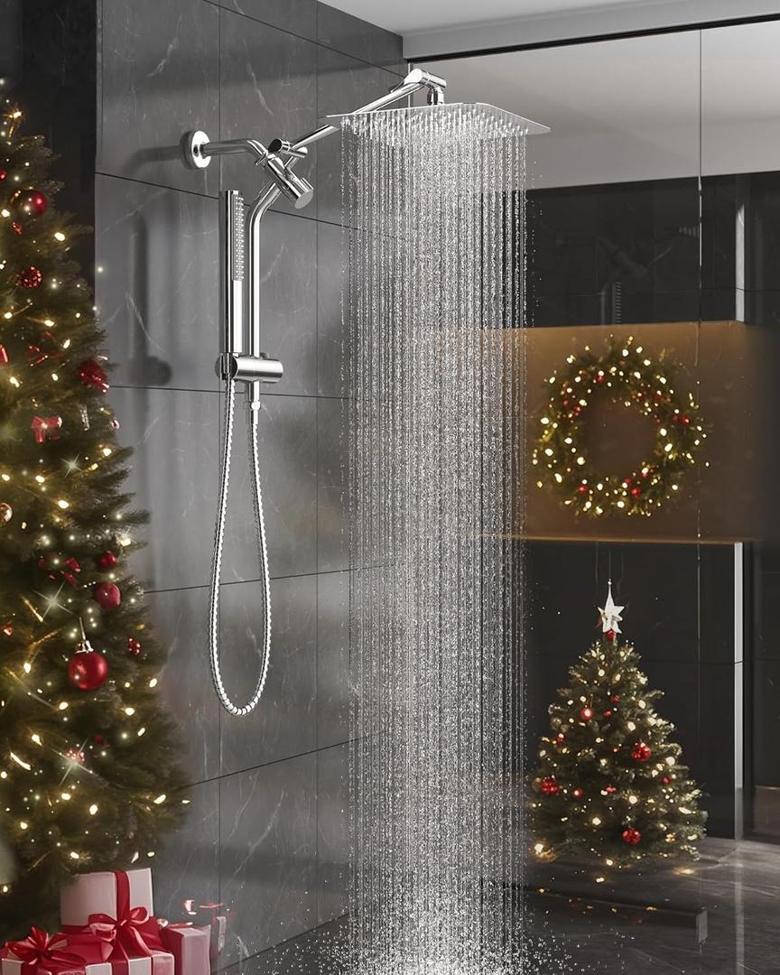 Veken 10'' All Metal Rain Shower Head with Handheld Spray Combo, Hand Held Bathroom Showerhead Combo with Extension Arm, Dual shower with Power Wash, Adjustable Rainfall Shower Head, Chrome