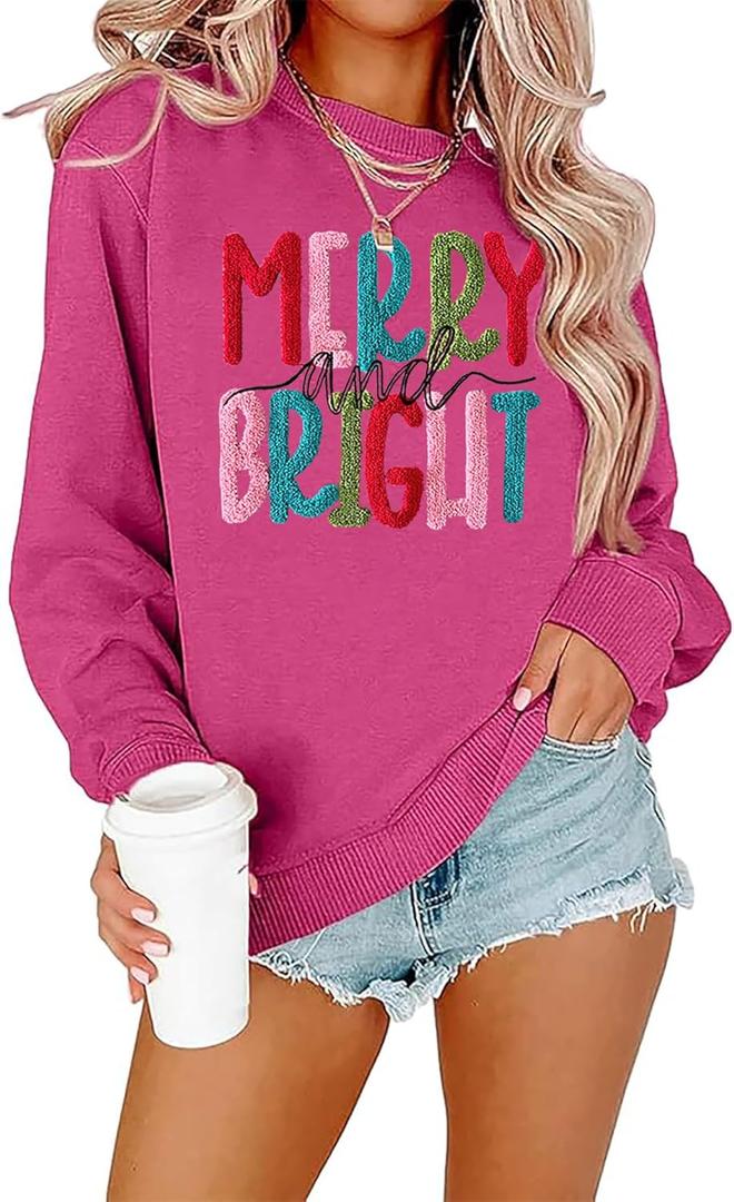 Merry Christmas Sweatshirts Women Merry And Bright Christmas Pullover Top Chenille Patch Letter Printed Xmas Gifts Top (Small, Rose)
