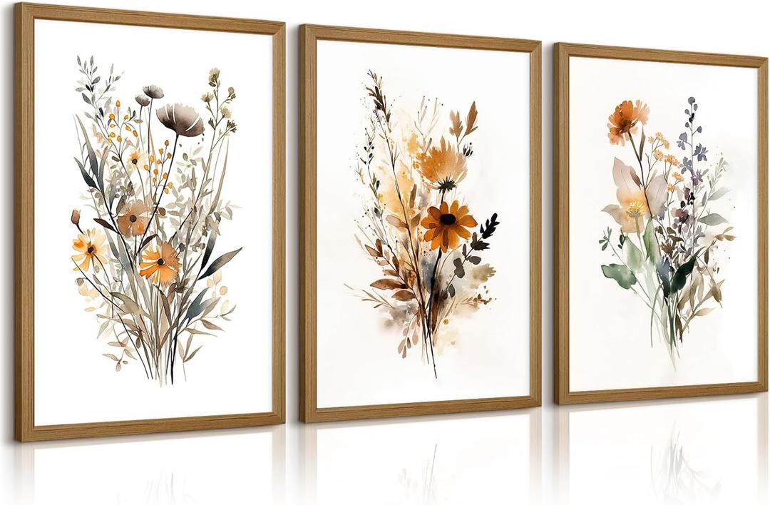 Botanical Wall Art Set of 3 Floral Wall Decor Prints Vintage Canvas Wall Art Wildflower Watercolor Pictures Farmhouse Artwork Floral Modern Painting for Bathroom Bedroom 12x16 Inch Wood Framed