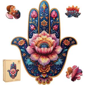 Delobil Hamsa Wooden Puzzles, 200 Pieces Hand Jigsaw Puzzles 13.3'' x10.4'', Unique Design Wooden Puzzles for Adults and Kids, Family Game Gift Medium Size