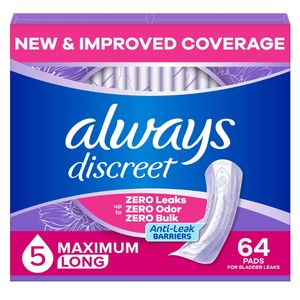 Always Discreet Adult Incontinence Pads for Women, Drier, 5 Drop Long Length, Heavy Absorbency, Pads for Bladder Control Management, Bladder Leaks, & Postpartum Pads, 64ct