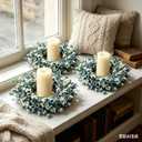 6 Pcs Small Blue Daisy Flower Candle Rings Wreaths Mini Pillar Candle Holder Wreath with White Floral Eucalyptus Leaves Lavender Artificial Spring Grains Wreath for Home Kitchen Table Cnterpieces