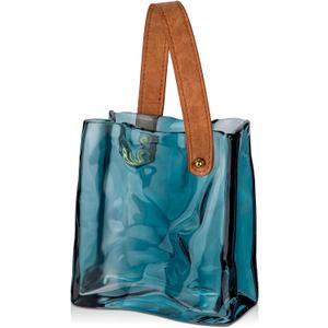 Glass Purse Vase for Flowers Deep Sea Blue Vases for Centerpieces Glass Bag Vase with Leather Handle Small Bag Vases for Decor Decorative Fish Bowl for Home Wedding Decor